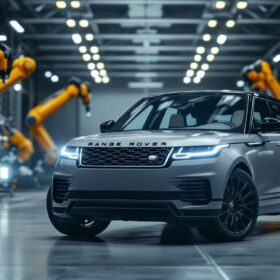 A photograph of a sleek range rover parked in an industrial setting
