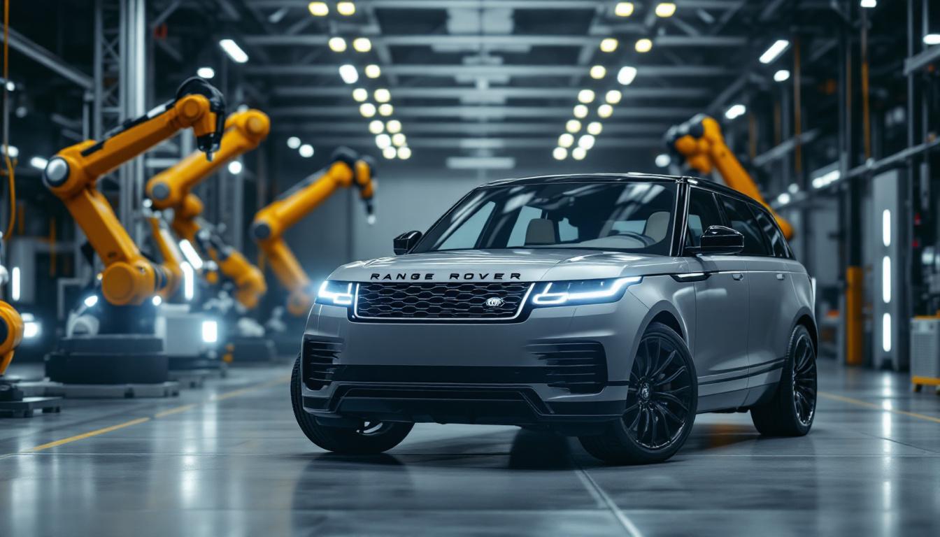 A photograph of a sleek range rover parked in an industrial setting