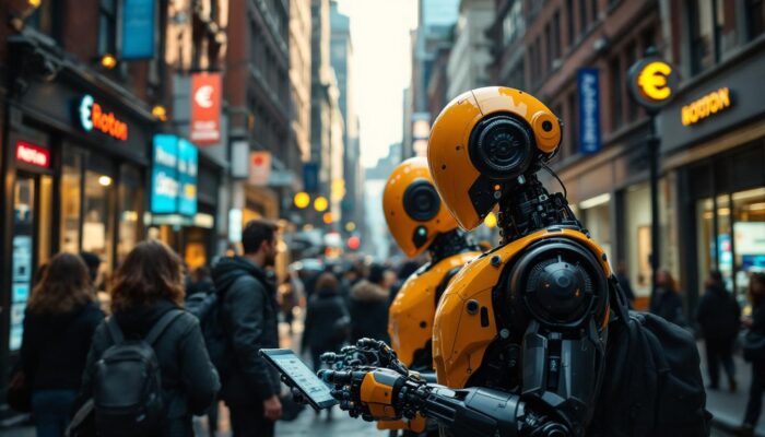 A photograph of a bustling boston street scene featuring a diverse group of people engaging with technology