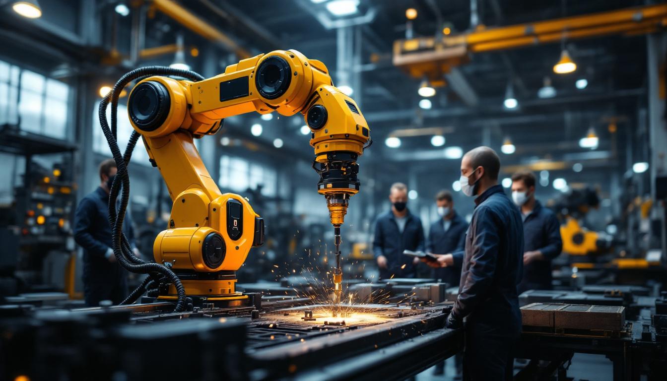 A photograph of a dynamic industrial setting featuring a robotic arm in action