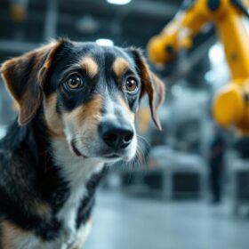 A photograph of a dog looking down at the camera from a slightly elevated angle