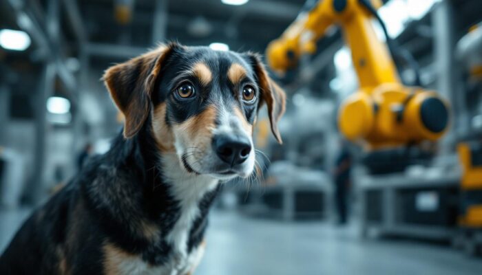 A photograph of a dog looking down at the camera from a slightly elevated angle