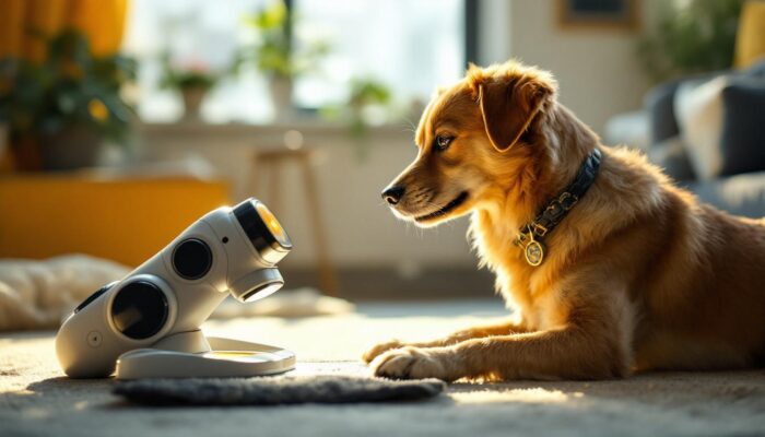 A photograph of a playful dog interacting with a robotic scanner in a bright