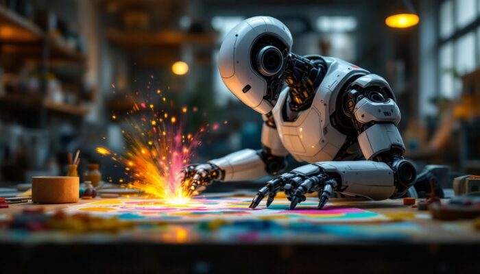 A photograph of a sleek industrial robot in action