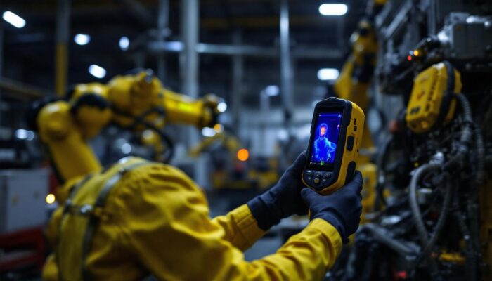 A photograph of capture a photograph of a certified thermal energy inspector using a thermal imaging camera to assess heat loss in an industrial setting