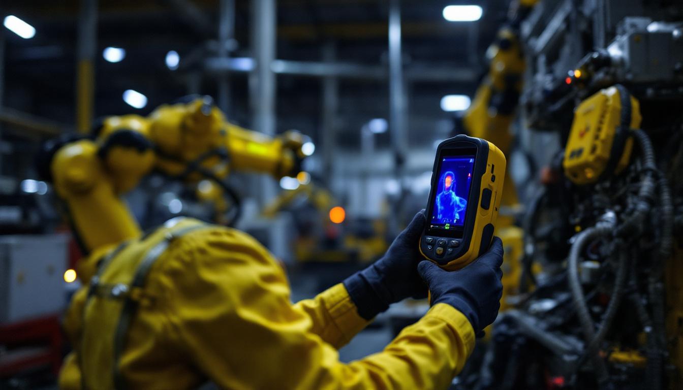 A photograph of capture a photograph of a certified thermal energy inspector using a thermal imaging camera to assess heat loss in an industrial setting