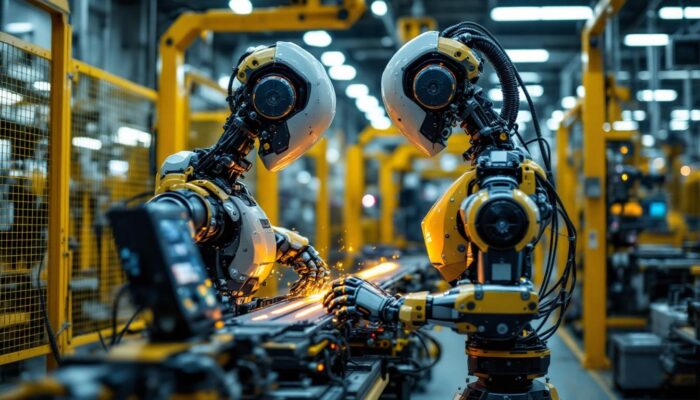 A photograph of a sleek industrial robot in action
