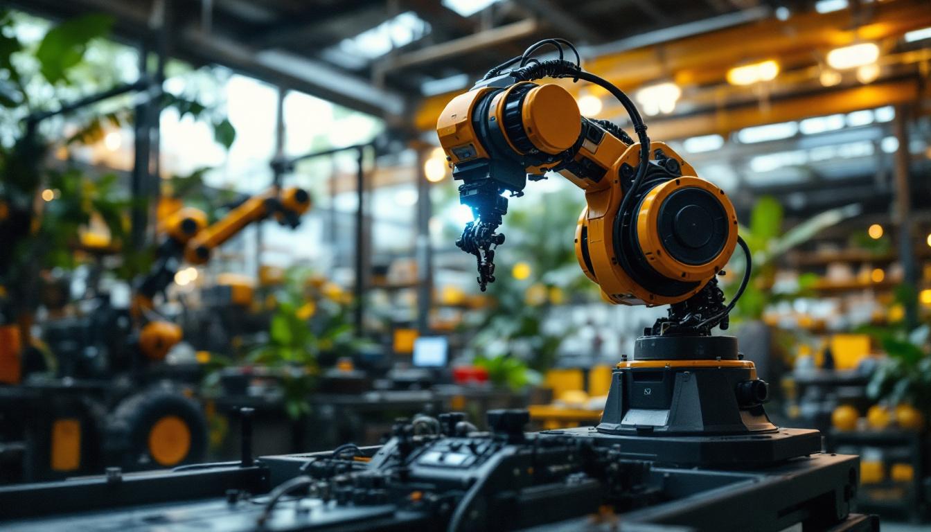 A photograph of a sleek industrial robot in action within a vibrant costa rican manufacturing facility