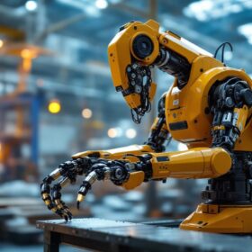A photograph of a dynamic industrial robot in action within a boston manufacturing facility