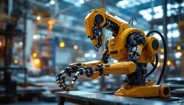 A photograph of a dynamic industrial robot in action within a boston manufacturing facility