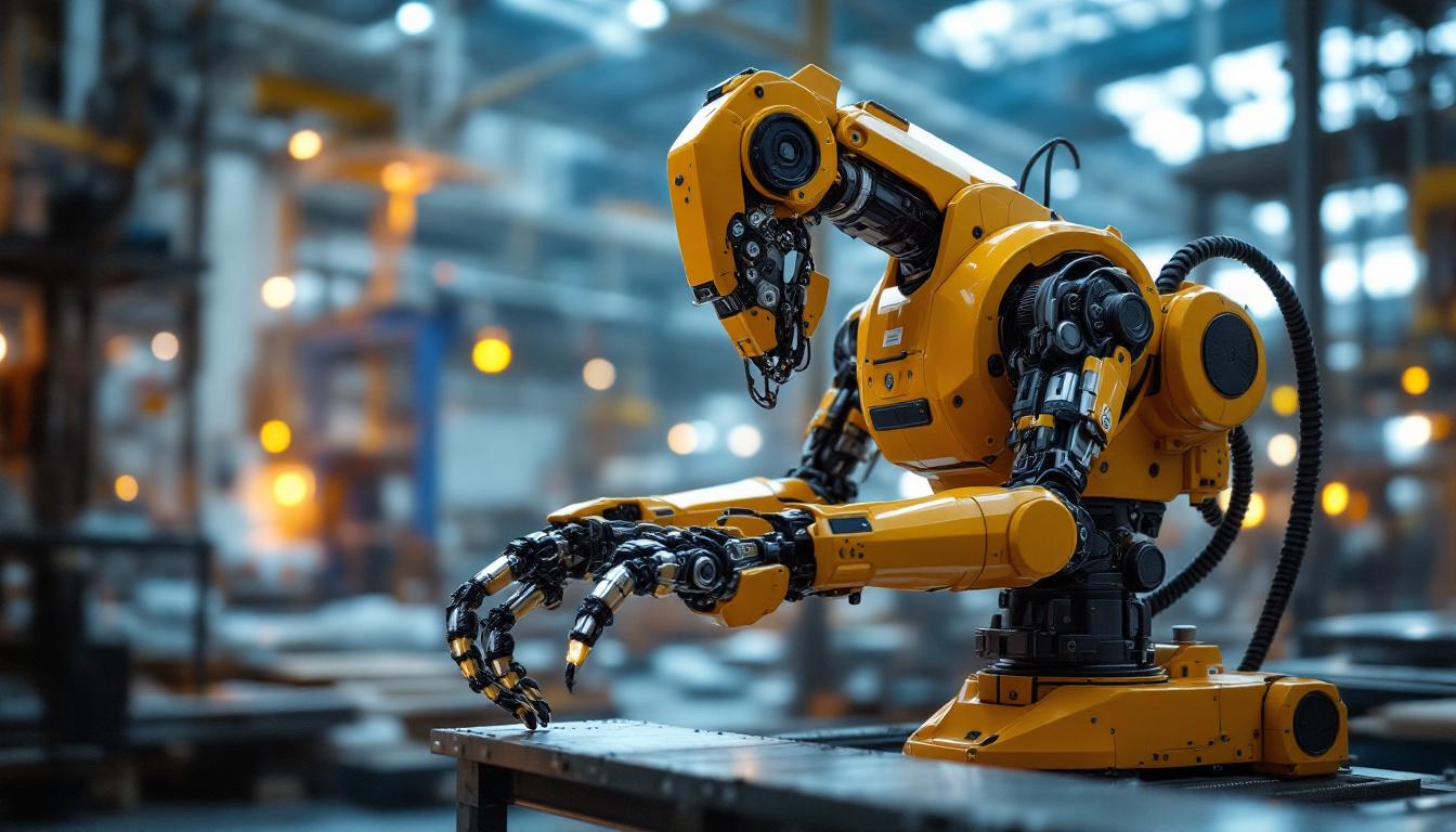 A photograph of a dynamic industrial robot in action within a boston manufacturing facility