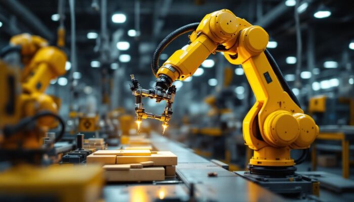 A photograph of a sleek industrial robotic arm in action