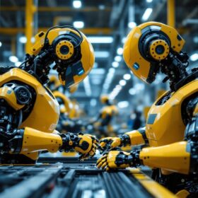 A photograph of a modern industrial robot in action on a factory floor