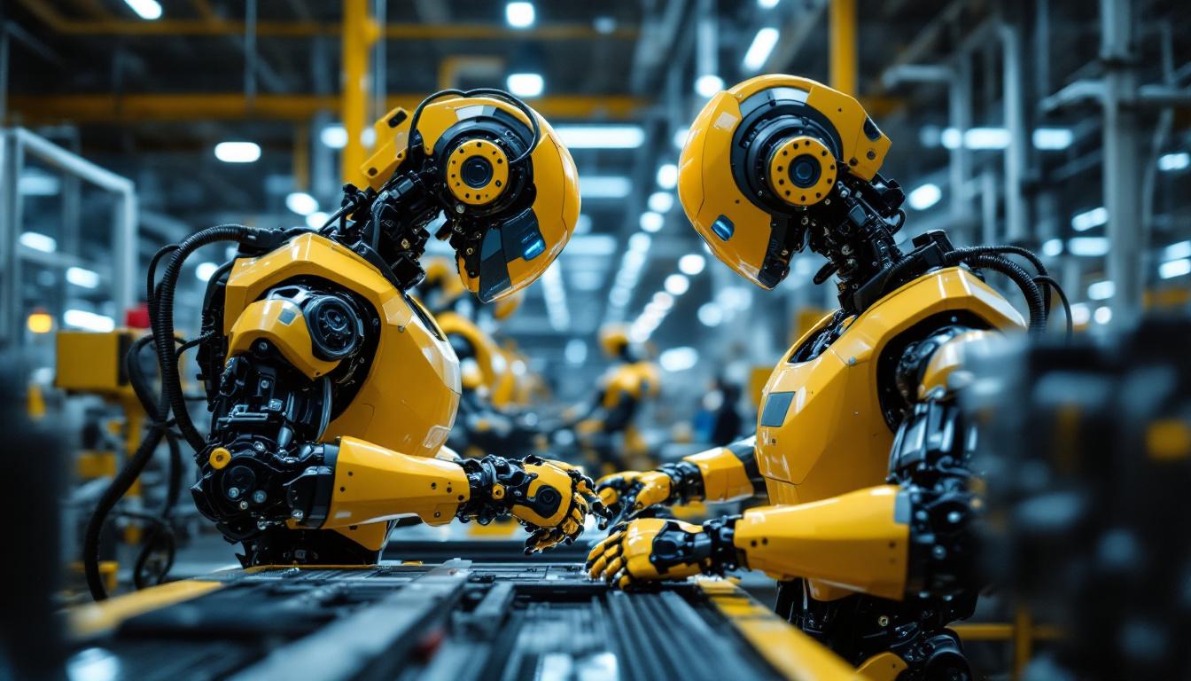 A photograph of a modern industrial robot in action on a factory floor