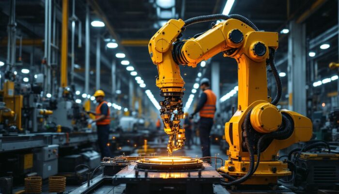A photograph of a dynamic industrial robot in action within a boston manufacturing facility