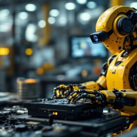 A photograph of capture a photograph of an industrial robot equipped with a webcam