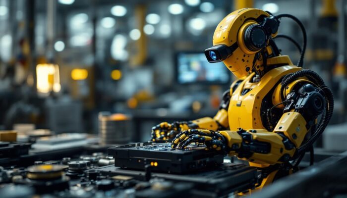 A photograph of capture a photograph of an industrial robot equipped with a webcam