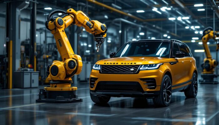 A photograph of a range rover positioned alongside an industrial robotic arm in a dynamic workshop setting