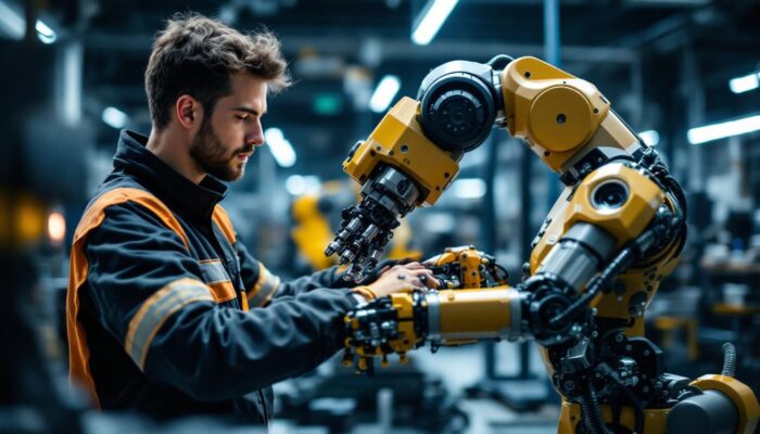 A photograph of a mechanical engineering intern working hands-on with an industrial robot in a modern workshop setting
