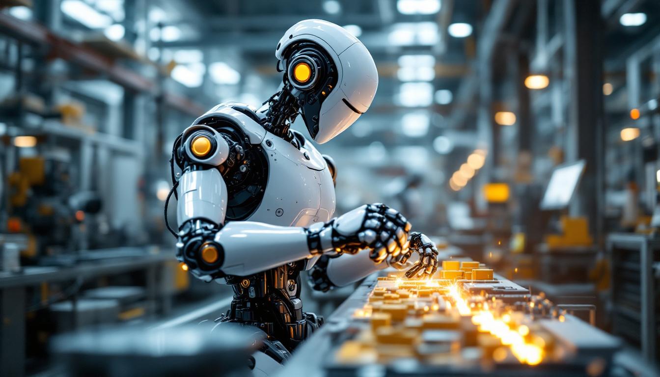 A photograph of a sleek industrial robot in action within a modern manufacturing environment