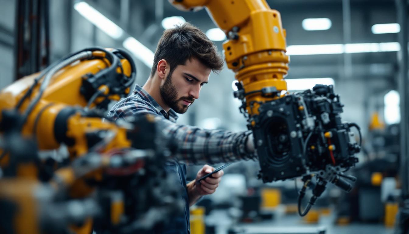 A photograph of a young electrical engineer working on a robotic arm in an industrial setting