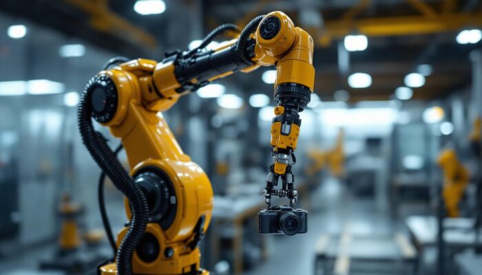 A photograph of a sleek industrial robotic arm in action
