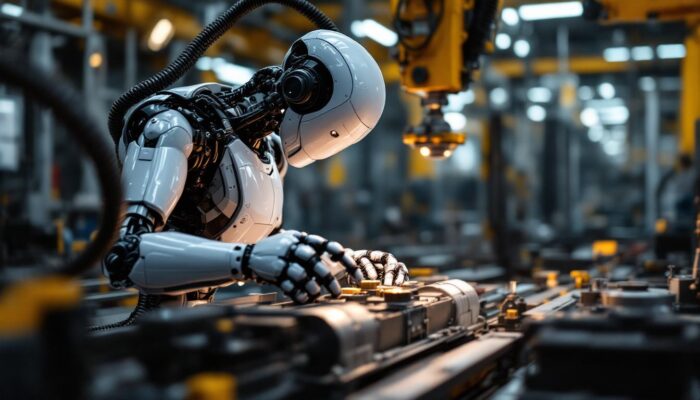 A photograph of a sleek industrial robot in action within a manufacturing setting