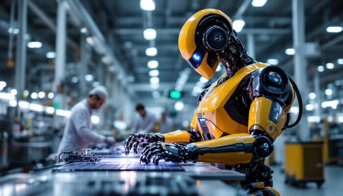 A photograph of a sleek hyundai industrial robot in action within a modern manufacturing environment