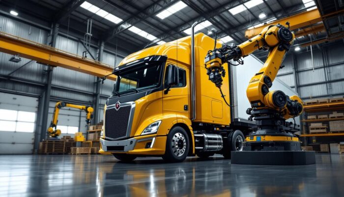 A photograph of a towering semi-truck alongside an industrial robot in a warehouse setting