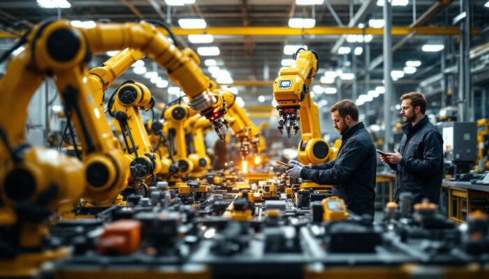 A photograph of a dynamic industrial robotics workspace