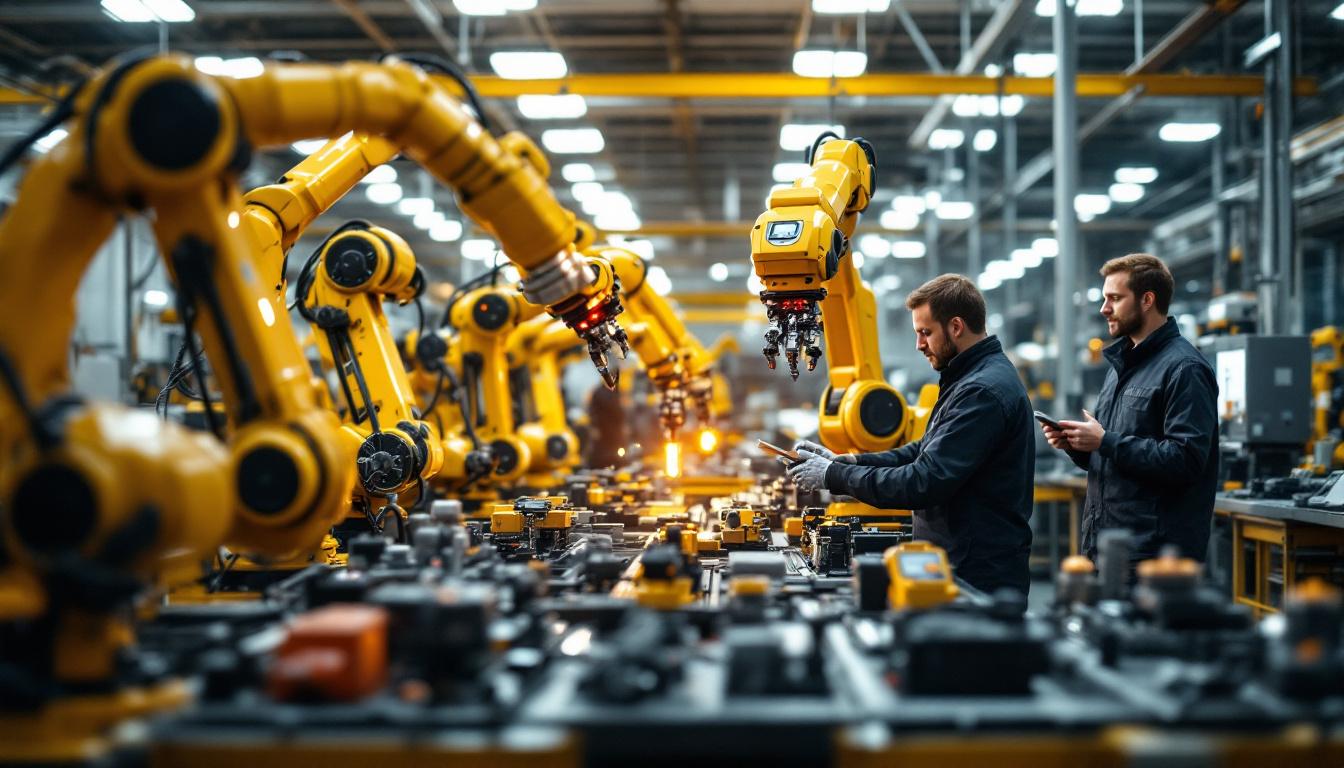A photograph of a dynamic industrial robotics workspace