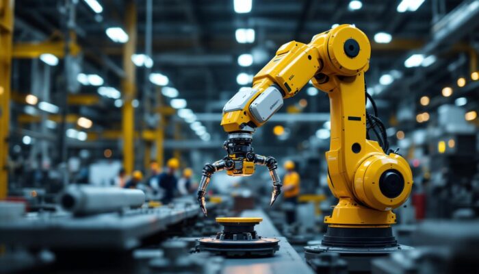 A photograph of a sleek industrial robotic arm in action within a modern manufacturing facility