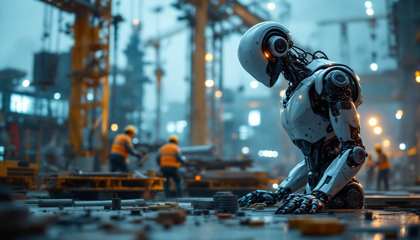 A photograph of a sleek industrial robot in action on a construction site
