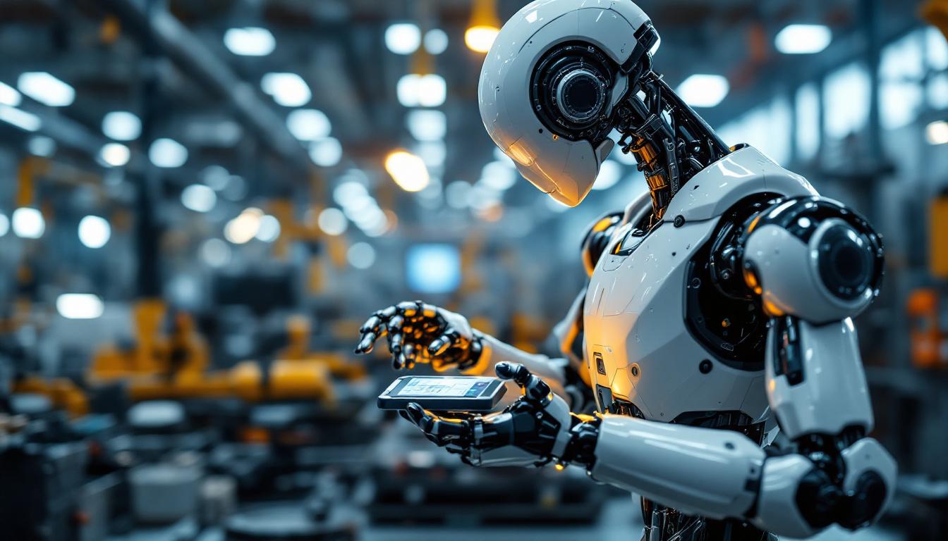 A photograph of a sleek industrial robot in action