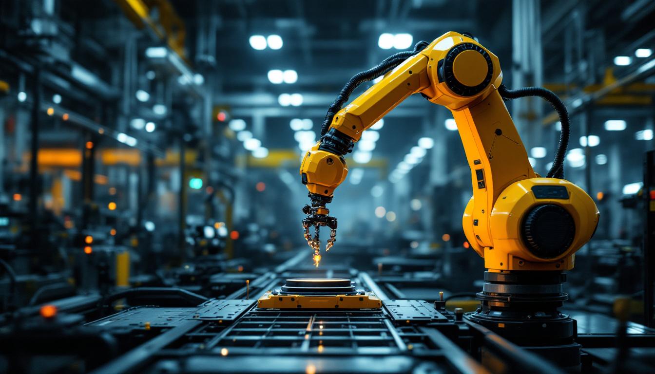 A photograph of a sleek industrial robotic arm in action within a high-tech manufacturing environment