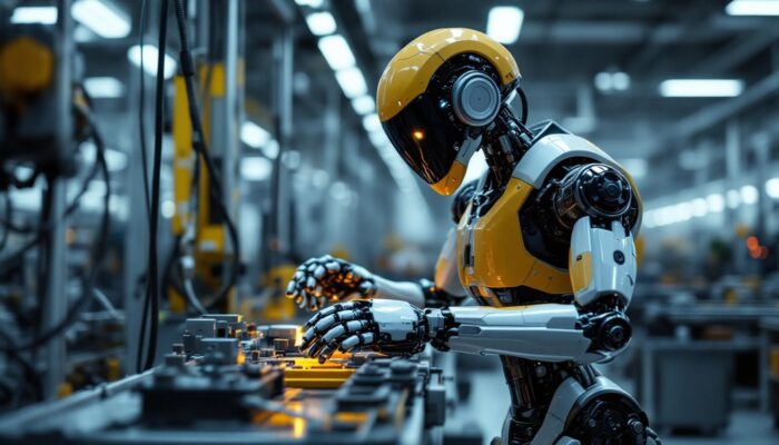 A photograph of a sleek industrial robot in action within a modern manufacturing facility