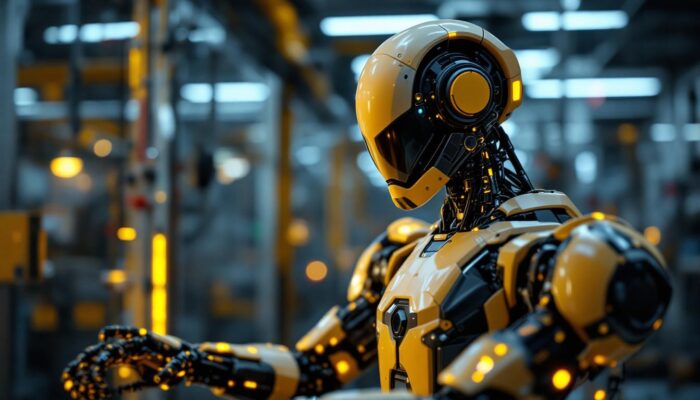 A photograph of a sleek industrial robot in action