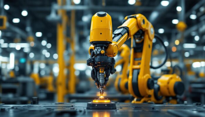 A photograph of a sleek industrial robotic arm in action