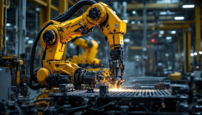 A photograph of a powerful industrial robot in action