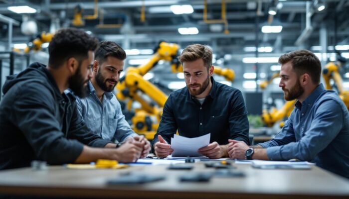A photograph of a senior product manager engaged in a collaborative meeting with a diverse team of engineers and designers