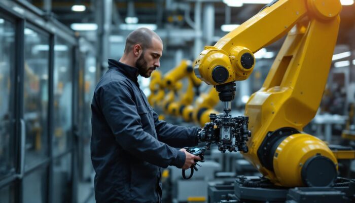 A photograph of a skilled technician demonstrating various leg stretch movements on an industrial robot in a modern manufacturing setting