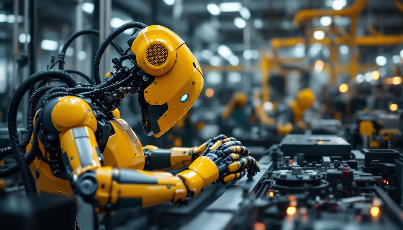 A photograph of a sleek industrial robot in action within a manufacturing environment