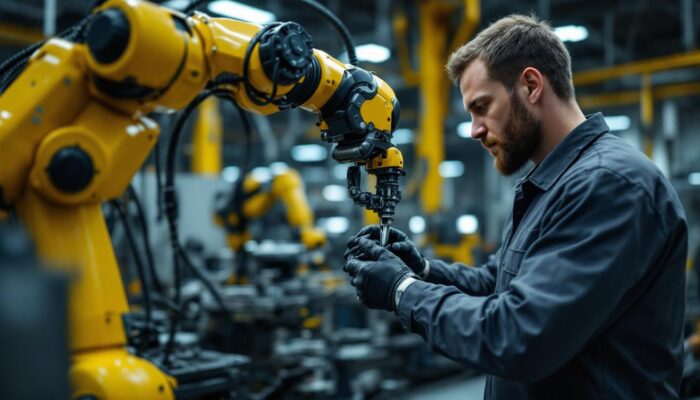 A photograph of a skilled technician performing a detailed inspection of an industrial robotic arm in a well-lit workshop