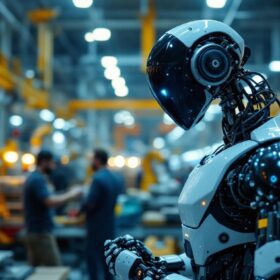 A photograph of a sleek industrial robot in action within a modern manufacturing facility in new boston