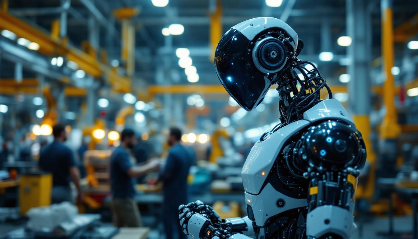 A photograph of a sleek industrial robot in action within a modern manufacturing facility in new boston
