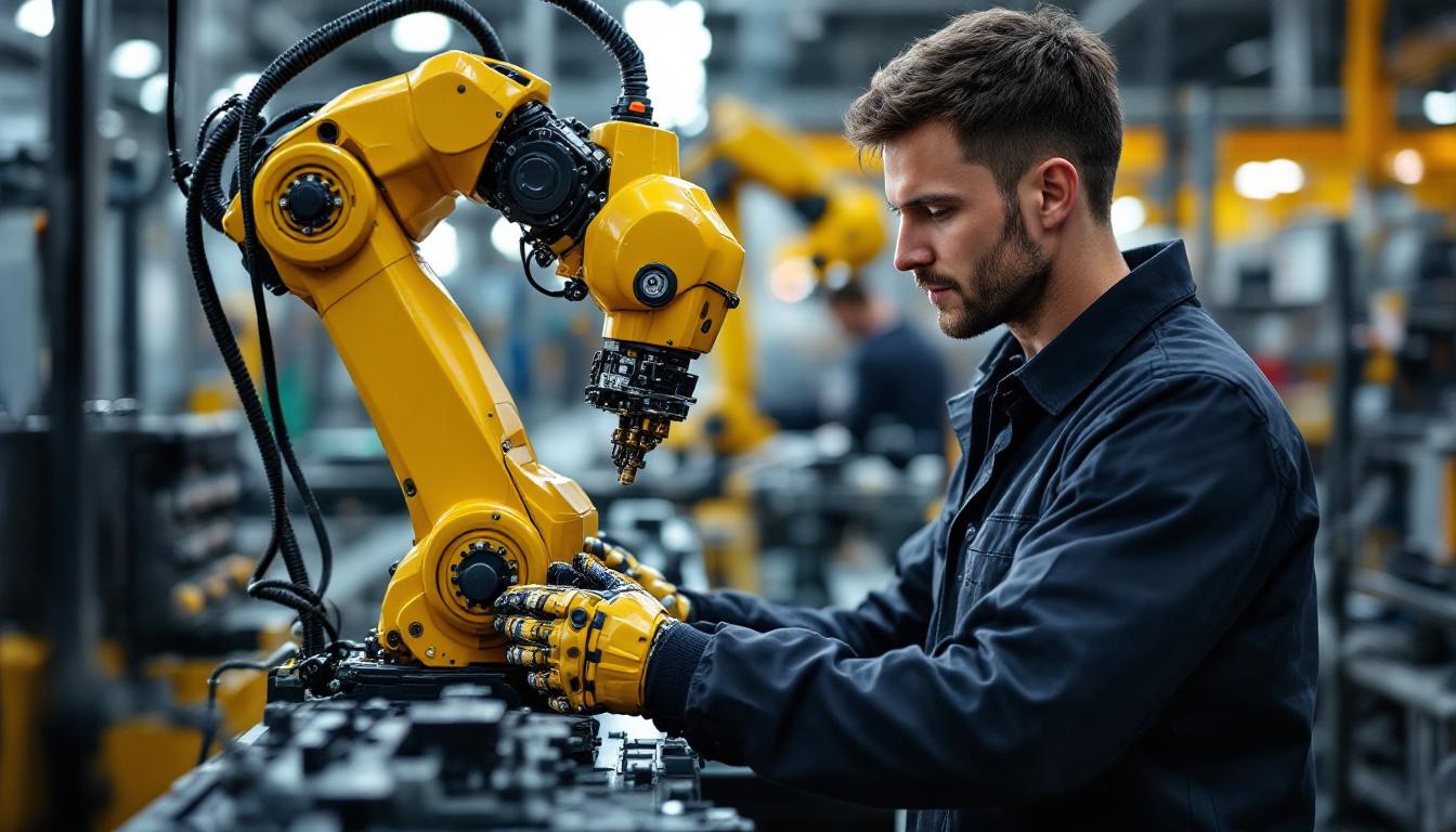 A photograph of a skilled electrical automation technician working hands-on with an industrial robot