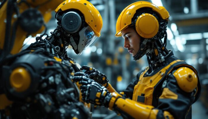 A photograph of a skilled technician working alongside an industrial robot in a modern manufacturing facility