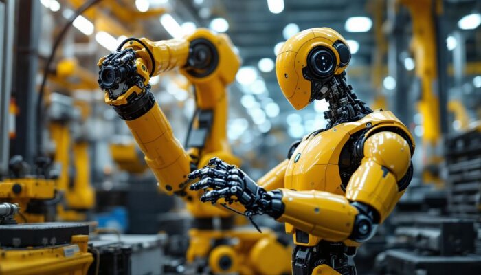 A photograph of a modern industrial robot in action