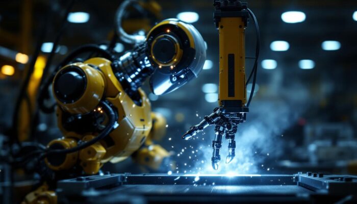 A photograph of a sleek industrial robot in action