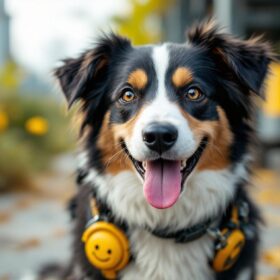 A photograph of a friendly dog in a vibrant outdoor setting